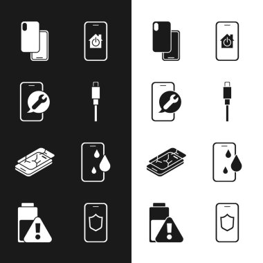 Set USB cable cord, Mobile service, Smartphone, with smart home, broken screen, Waterproof, shield and battery charge icon. Vector