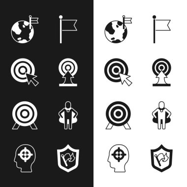 Set Target with arrow, Planet flag, Flag, Head hunting, Shield and icon. Vector