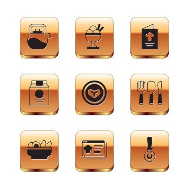 Set Kettle with handle, Nachos in plate, Online ordering delivery, Steak meat on, Cookbook, Pizza knife and Ice cream bowl icon. Vector