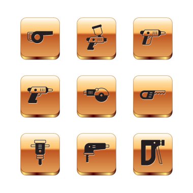 Set Leaf garden blower, Construction jackhammer, Electric jigsaw, Angle grinder, cordless screwdriver, stapler and Paint spray gun icon. Vector