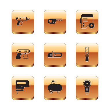 Set Electric cordless screwdriver, jigsaw, Air compressor, Chainsaw, Paint spray gun, Power electric generator, Angle grinder and Reciprocating icon. Vector