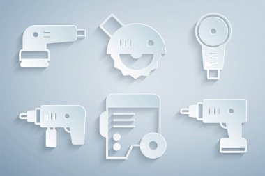 Set Power electric generator, Angle grinder, Electric drill machine, cordless screwdriver, circular saw and sander icon. Vector