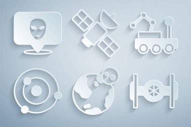 Set Earth globe, Mars rover, Solar system, Cosmic ship, Satellite and Alien icon. Vector