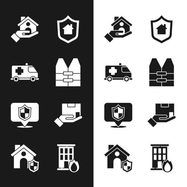 Set Life jacket, Emergency car, House insurance, with shield, Location, Delivery, Fire burning house and icon. Vector — Wektor stockowy