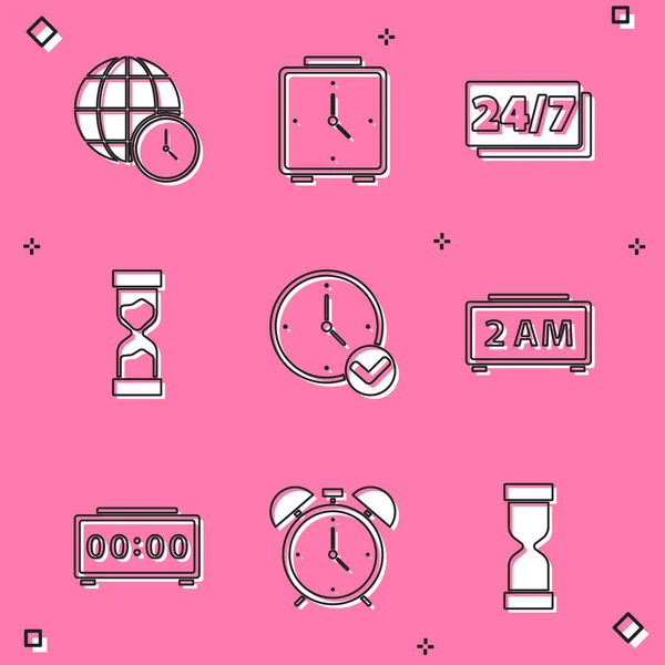 Set World time, Alarm clock, Clock 24 hours, Old hourglass, Digital alarm, and icon. Vector — Stock Vector