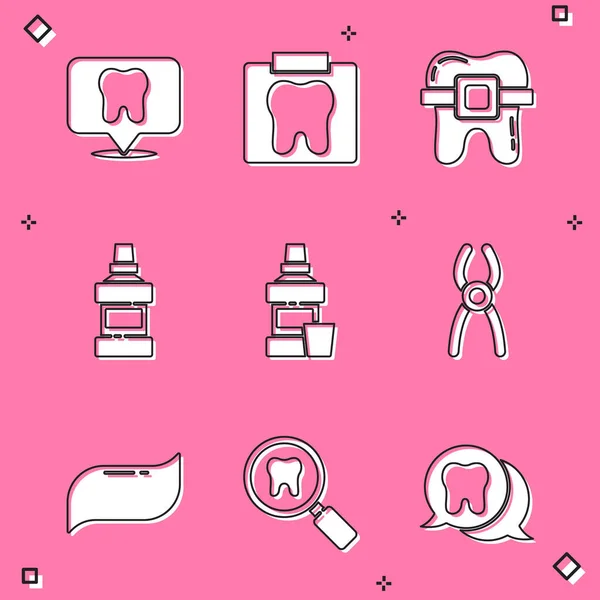 Set de ubicación clínica dental, rayos X de diente, dientes con frenos, botella de enjuague bucal, alicates, pasta de dientes y el icono de búsqueda. Vector — Vector de stock