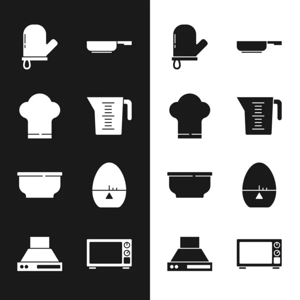 Set Measuring cup, Chef hat, Oven glove, Frying pan, Bowl, Kitchen timer, Microwave oven and extractor fan icon. Vector — Stockový vektor
