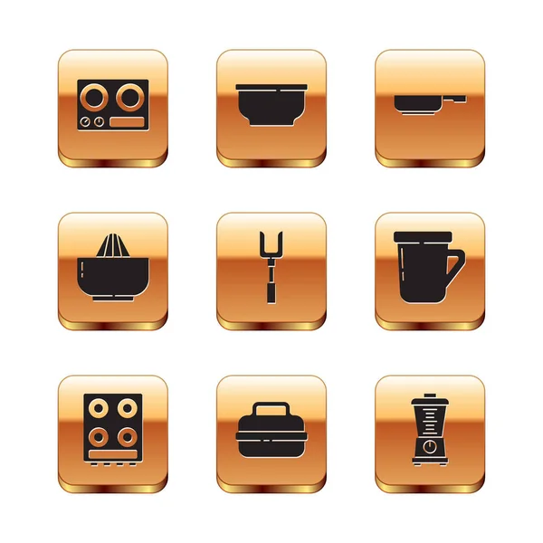 Set Gas stove, Cooking pot, Barbecue fork, Citrus fruit juicer, Frying pan, Blender and Bowl icon. Vector — 图库矢量图片