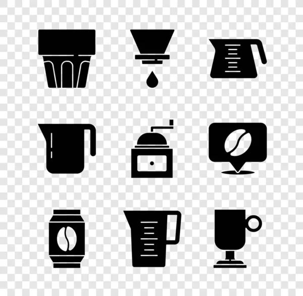 Set Glass with water, V60 coffee maker, Coffee pot, Bag beans, Jug glass, Irish, and Manual grinder icon. Vector — стоковий вектор