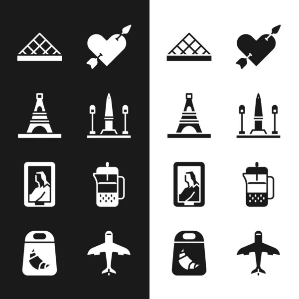 Set Place De La Concorde, Eiffel tower, Louvre museum, Amour with heart and arrow, Portrait in, French press, Plane and Croissant package icon. Vector — Vettoriale Stock