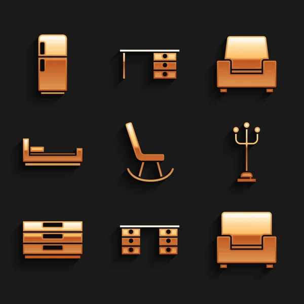 Set Armchair, Office desk, Coat stand, Chest of drawers, Bed, and Refrigerator icon. Vector — Stock vektor