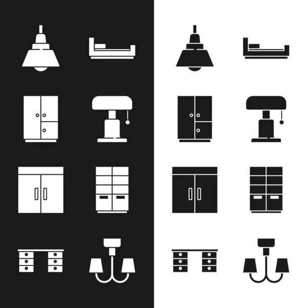 Set Table lamp, Wardrobe, Chandelier, Bed, and Office desk icon. Vector — Image vectorielle