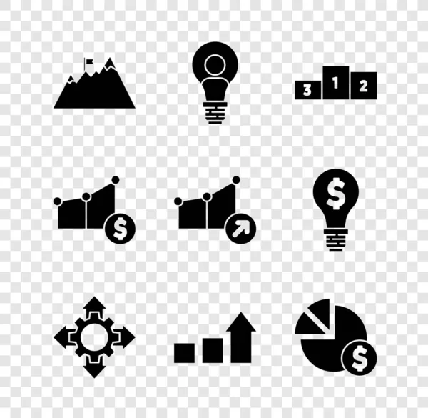 Set Mountains with flag, Head lamp bulb, Business podium, Project team base, Financial growth, Pie chart and dollar, and icon. Vector — Vettoriale Stock