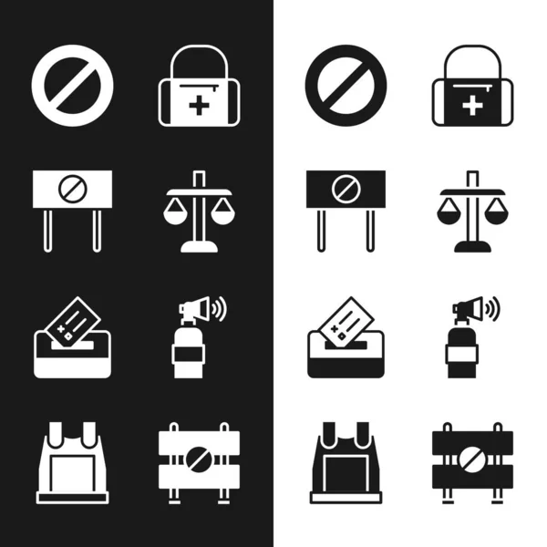 Set Scales of justice, Protest, Ban, First aid kit, Vote box, Air horn, Road barrier and Bulletproof vest icon. Vector - Stok Vektor