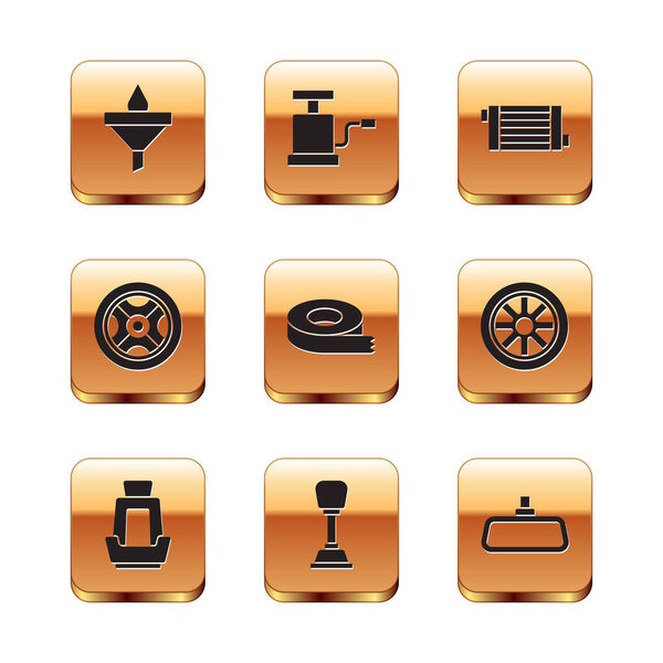 Set Funnel and oil drop, Car seat, Gear shifter, Scotch tape, wheel, radiator cooling system, mirror and air pump icon. Vector