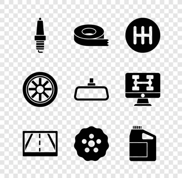 Set Car spark plug, Scotch tape, Gear shifter, Gps device with map, Canister for motor oil, wheel and mirror icon. Vector — Image vectorielle