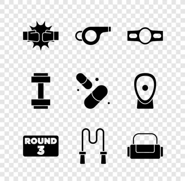 Set Punch in boxing gloves, Whistle, Boxing belt, ring board, Jump rope, Sport bag, Dumbbell and Vitamin pill icon. Vector — Archivo Imágenes Vectoriales