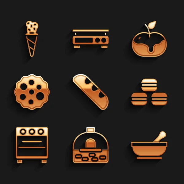 Set French baguette bread, Brick stove, Mortar and pestle, Macaron cookie, Oven, Cookie biscuit, Apple in caramel and Ice cream waffle cone icon. Vector — Stock Vector