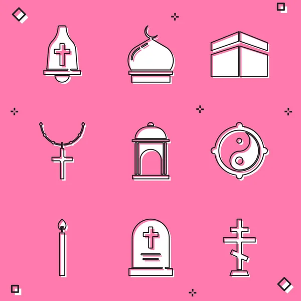 Set Church bell, Muslim Mosque, Kaaba mosque, Christian cross on chain, Yin Yang, Burning candle and Tombstone with icon. Vector — Image vectorielle