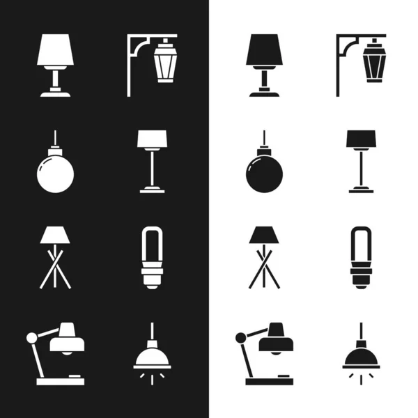 Set Floor lamp, Lamp hanging, Table, Vintage street light, LED bulb, Chandelier and icon. Vector — Stockvektor