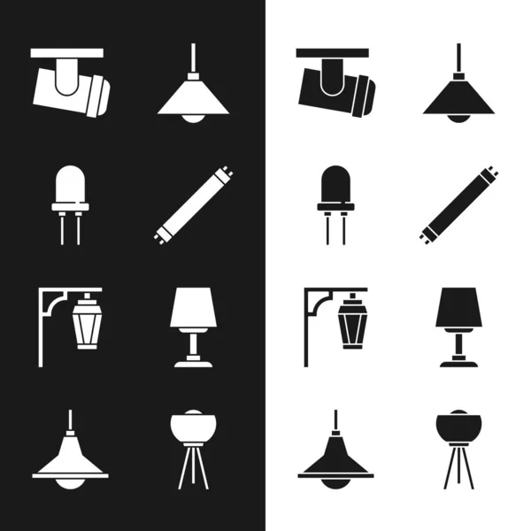 Set Fluorescent lamp, Light emitting diode, Led track lights and lamps, Lamp hanging, Vintage street, Table, Floor and Chandelier icon. Vector — Stockvektor