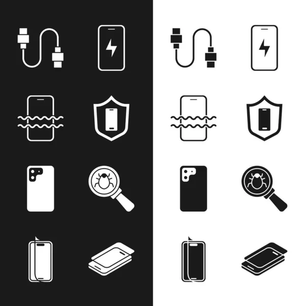 Set Mobile with shield, Waterproof phone, USB cable cord, charging battery, Smartphone, System bug, Glass screen protector and icon. Vector — Διανυσματικό Αρχείο