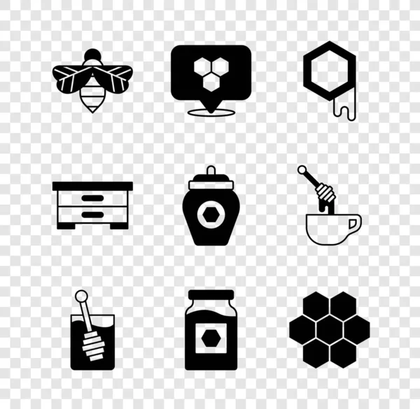 Set Bee, Honeycomb bee location, dipper stick, Jar of honey, Hive for bees and icon. Vector —  Vetores de Stock