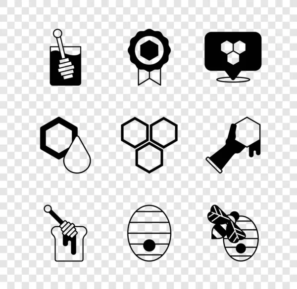 Set Honey dipper stick, medal, Honeycomb bee location, with honey, Hive for bees, and icon. Vector — Wektor stockowy