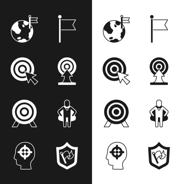 Set Target with arrow, Planet flag, Flag, Head hunting, Shield and icon. Vector — Stockvektor