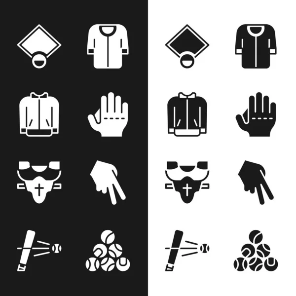 Set Baseball glove, t-shirt, field, Player chest protector, and bat with icon. Vector — Vector de stock