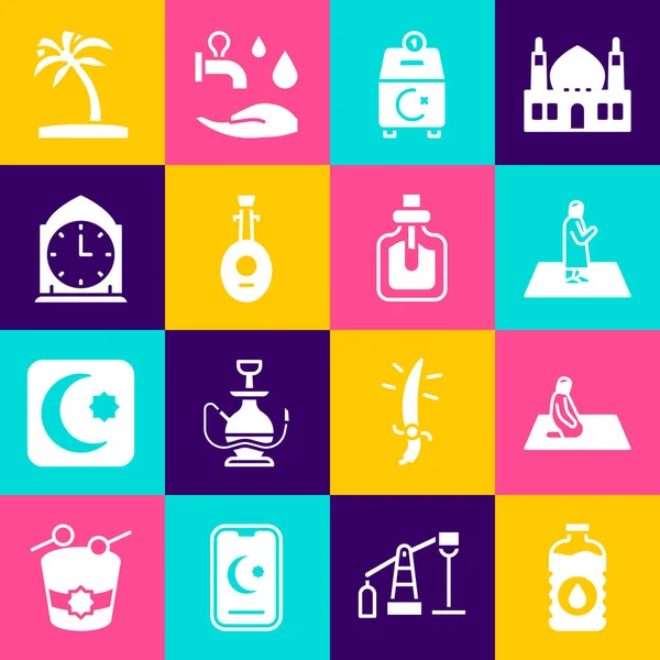 Set Bottle of water, Muslim man prays, Donate or pay your zakat, Lute, Clock, Tropical palm tree and Perfume icon. Vector — Image vectorielle