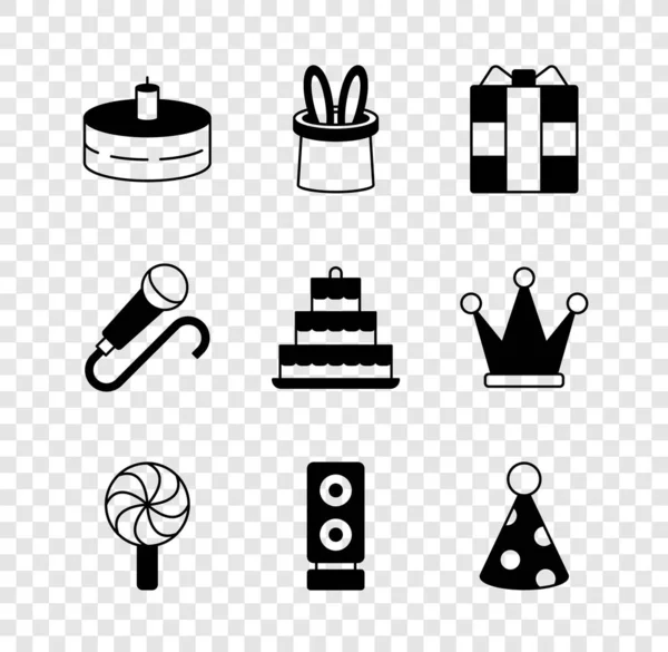 Set Cake with burning candles, Magician hat rabbit ears, Gift box, Lollipop, Stereo speaker, Party, Microphone and icon. Vector — Stok Vektör