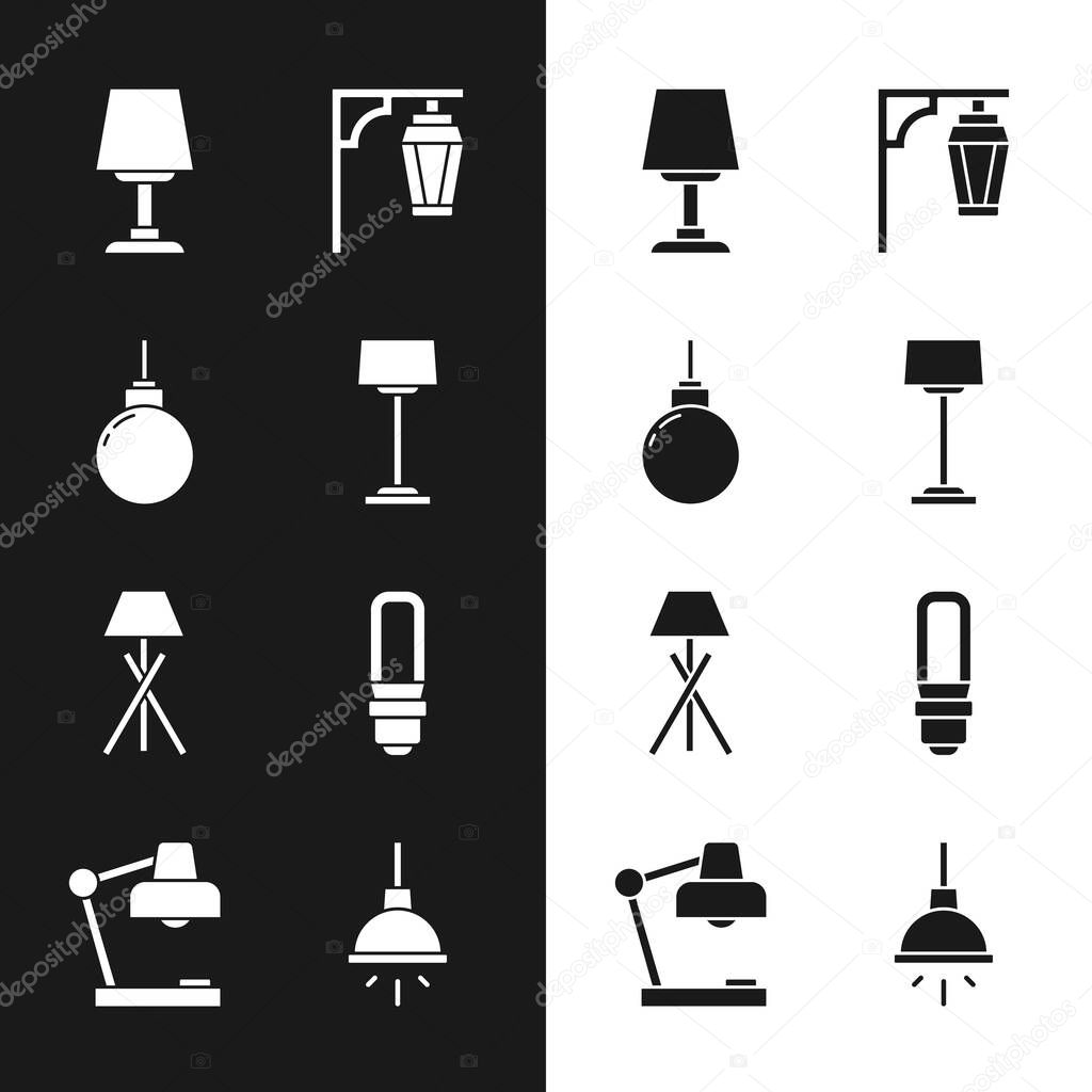 Set Floor lamp, Lamp hanging, Table, Vintage street light, LED bulb, Chandelier and icon. Vector