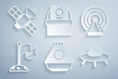 Set Space capsule, Radar, Moon with flag, UFO flying spaceship, Astronomical observatory and Satellite icon. Vector