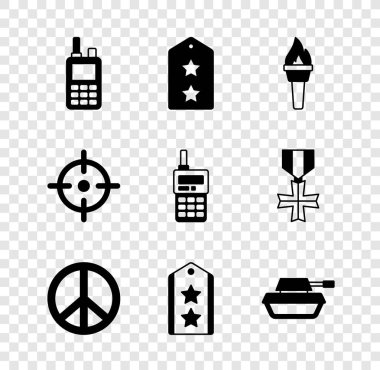 Set Walkie talkie, Military rank, Torch flame, Peace, tank, Target sport and icon. Vector