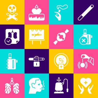 Set Heart with cross, Hypnosis, No electronic cigarette, Hand smoking, Lungs x-ray diagnostics, Bones skull and Candy icon. Vector