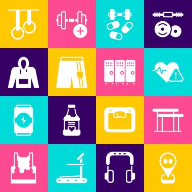 Set Location gym, Uneven bars, Heart rate, Sports doping with dumbbell, Short pants, Hoodie, Gymnastic rings and Locker changing room icon. Vector