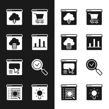 Set Graph chart infographic, Cloud technology data transfer, download, Online shopping on screen, UI or UX design, Magnifying glass with check mark, Browser window and Search engine icon. Vector
