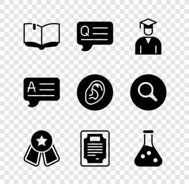 Set Open book, Speech bubbles with Question, Graduate and graduation cap, Medal star, Certificate template, Test tube, Answer and Ear listen sound signal icon. Vector