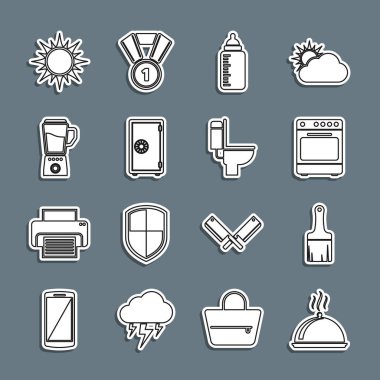 Set line Covered with tray of food, Paint brush, Oven, Baby bottle, Safe, Blender, Sun and Toilet bowl icon. Vector