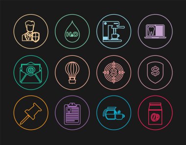 Set line Coffee beans in bag, Shield and dollar, machine cup, Hot air balloon, Mail e-mail, User protection, Target with and Water drop H2O icon. Vector