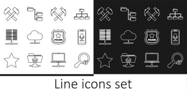 Set line Unknown search, Mobile recording, Two crossed hammers, Network cloud connection, Server, Data, Web Hosting, Police badge and Folder tree icon. Vector