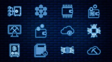 Set line Cryptocurrency cloud mining, Processor, wallet, Mining with monitor and pickaxe, Proof of stake, and Blockchain technology icon. Vector