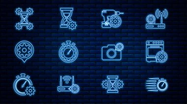 Set line Stopwatch, Oven setting, Drill machine, Time management, Setting, Hourglass, Photo camera and icon. Vector