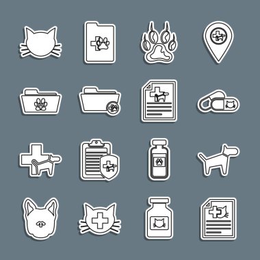 Set line Medical certificate for dog or cat, Dog, Cat and pills, Paw print, veterinary record folder, and icon. Vector