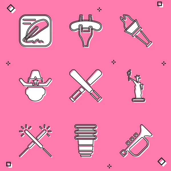 Set Declaration of independence, Sausage the fork, Torch flame, Sheriff cowboy, Crossed baseball bat, Statue Liberty, Sparkler firework and Paper glass icon. Vector — Vetor de Stock