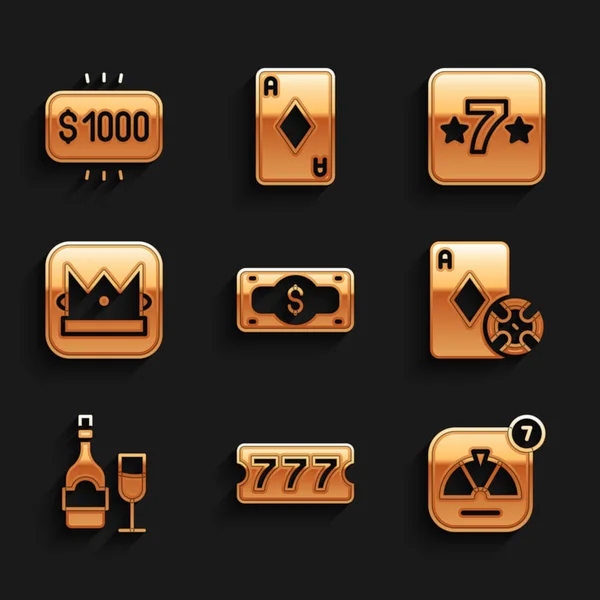 Set Stacks paper money cash, Lottery ticket, Lucky wheel, Casino chip and playing cards, Champagne bottle with glass, King, slot machine and Money prize casino icon. Vector — 스톡 벡터