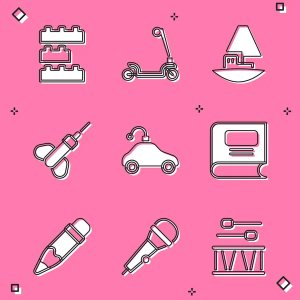 Set Toy building block bricks, Roller scooter, boat, Dart arrow, Radio controlled car toy, Book, Pencil with eraser and Microphone icon. Vector — Stok Vektör