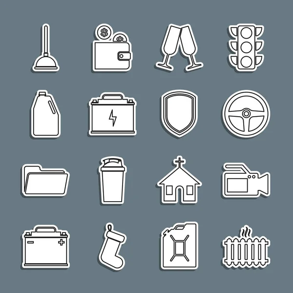 Set line Heating radiator, Cinema camera, Steering wheel, Glasses of champagne, Car battery, Household chemicals bottle, Rubber plunger and Shield icon. Vector — 스톡 벡터