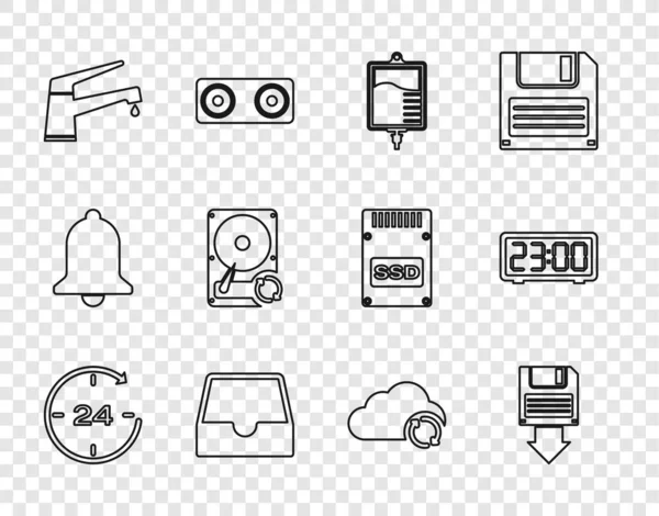 Set line Clock 24 hours, Floppy disk backup, IV bag, Social media inbox, Water tap, Hard drive HDD sync refresh, Cloud and Digital alarm clock icon. Vector — Vector de stock